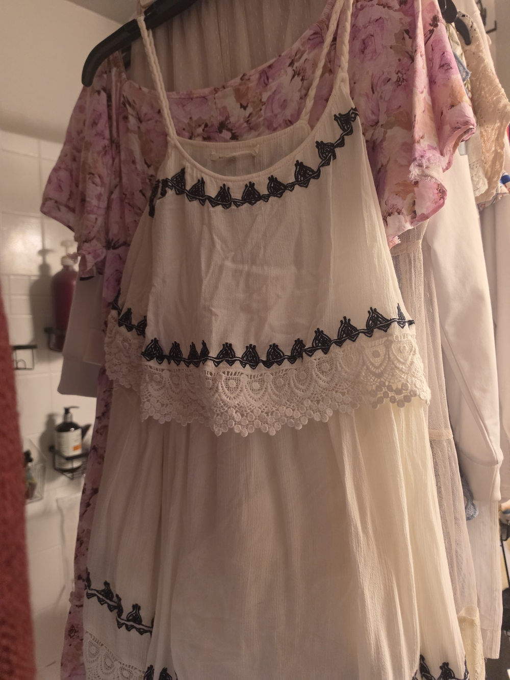 Tularosa Cream Boho Tiered Lace Trim Dress with Black Embroidery